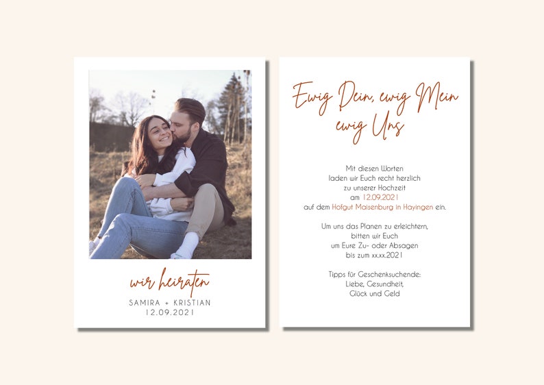 May include: A wedding invitation with a photo of a couple sitting on a grassy hill. The text reads "Ewig Dein, ewig Mein, ewig Uns" and "wir heiraten SAMIRA KRISTIAN 12.09.2021".