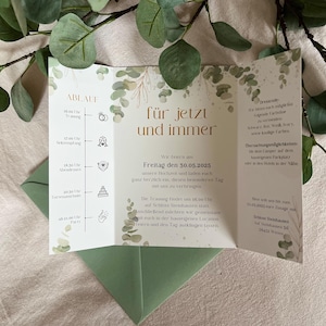 Hochzeitseinladung, Einladung zur Hochzeit, stilvolle Einladung, elegante Einladung, Fensterformat, Eukalyptus