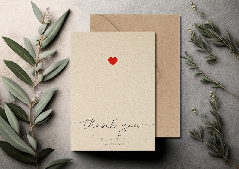 May include: A simple thank you card with a red heart and the text "thank you" in cursive. The card also includes the names "Eva + Adam" and the date "12.09.2021".