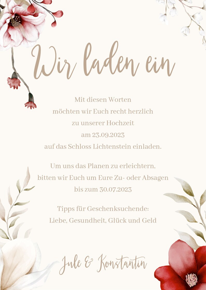 May include: A wedding invitation with floral accents in shades of pink and white. The text reads "Wir laden ein" which translates to "We invite you". The invitation details a wedding on September 23, 2023, at Schloss Lichtenstein. The names Jule & Konstantin are at the bottom of the invitation.