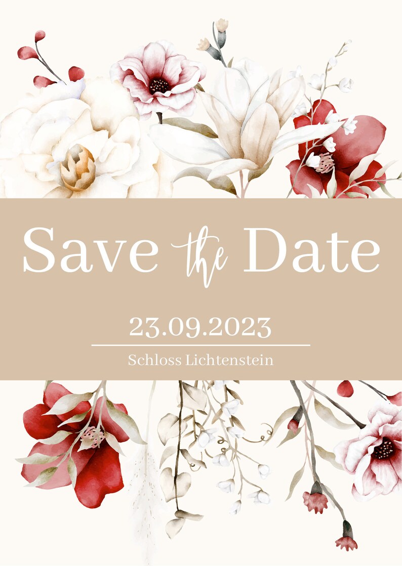 May include: Save the Date card with watercolor floral design in shades of white, red, and brown. The text reads "Save the Date" with the date "23.09.2023" and the location "Schloss Lichtenstein".