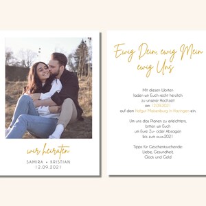 May include: A wedding invitation with a photo of a couple in a field. The text reads "Ewig Dein, ewig Mein, ewig Uns" and "wir heiraten" with the couple's names and wedding date.