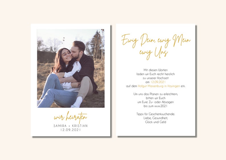May include: A wedding invitation with a photo of a couple in a field. The text reads "Ewig Dein, ewig Mein, ewig Uns" and "wir heiraten" with the couple's names and wedding date.