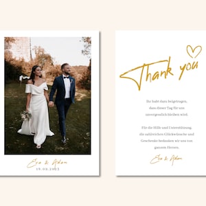 K&ouml;nnte beinhalten: Eine Dankeskarte zur Hochzeit mit einem Foto eines Brautpaares, das auf einem grasbewachsenen Weg geht. Die Karte hat ein goldenes Herz und den Text "Danke" in goldener Schrift. Der Text lautet: "Ihr habt dazu beigetragen, dass dieser Tag f&uuml;r uns unvergesslich bleibt. Vielen Dank f&uuml;r eure Hilfe, Unterst&uuml;tzung, Gl&uuml;ckw&uuml;nsche und Geschenke."
