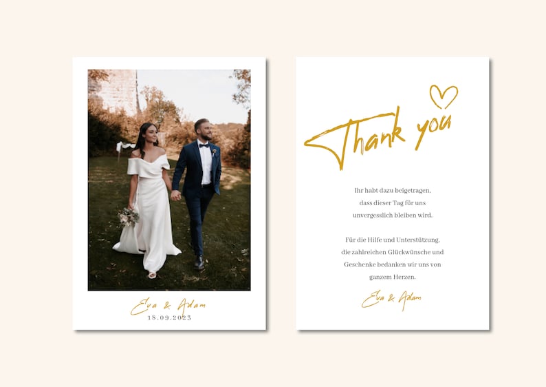 K&ouml;nnte beinhalten: Eine Dankeskarte zur Hochzeit mit einem Foto eines Brautpaares, das auf einem grasbewachsenen Weg geht. Die Karte hat ein goldenes Herz und den Text "Danke" in goldener Schrift. Der Text lautet: "Ihr habt dazu beigetragen, dass dieser Tag f&uuml;r uns unvergesslich bleibt. Vielen Dank f&uuml;r eure Hilfe, Unterst&uuml;tzung, Gl&uuml;ckw&uuml;nsche und Geschenke."