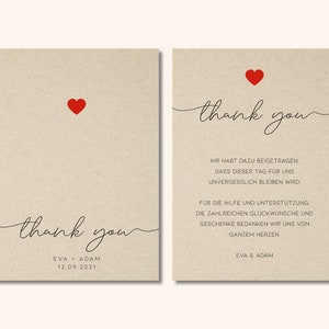 May include: Thank you card with a red heart and the text "thank you" in a handwritten font. The card is on a brown background and has the text "Eva & Adam" and the date "12.09.2021" printed on it.