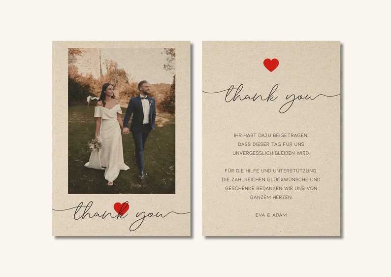 May include: A wedding thank you card with a photo of a couple in a park. The card has a red heart and the text "thank you". The text on the card reads "Ihr habt dazu beigetragen, dass dieser Tag f&uuml;r uns unvergesslich bleiben wird. F&uuml;r die Hilfe und Unterst&uuml;tzung, die zahlreichen Gl&uuml;ckw&uuml;nsche und Geschenke bedanken wir uns von ganzem Herzen. Eva & Adam."