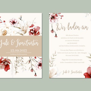 May include: A wedding invitation with a floral design. The invitation is for Jule and Konstantin, and their wedding will be held on September 23, 2023 at Schloss Lichtenstein.