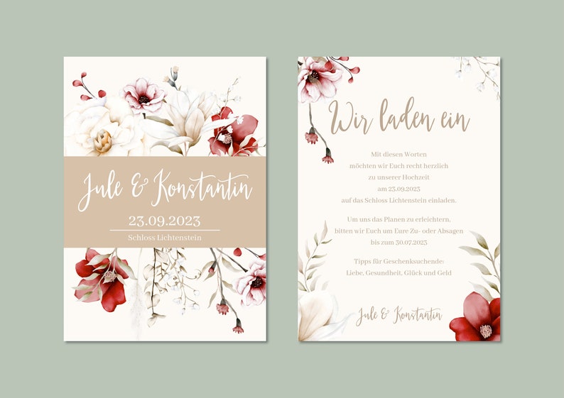 May include: A wedding invitation with a floral design. The invitation is for Jule and Konstantin, and their wedding will be held on September 23, 2023 at Schloss Lichtenstein.