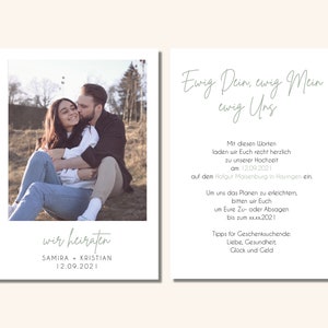 May include: A wedding invitation with a photo of a couple embracing. The text reads "Ewig Dein, ewig Mein, ewig Uns" and "wir heiraten SAMIRA KRISTIAN 12.09.2021".