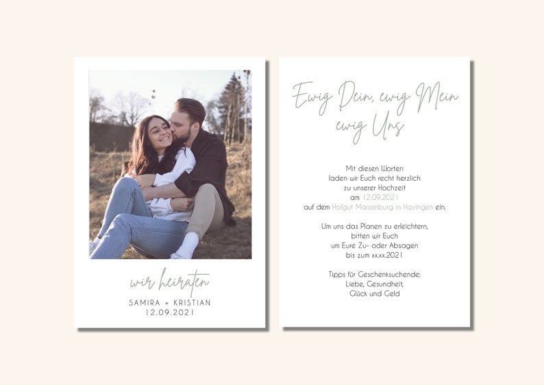 May include: A wedding invitation with a photo of a couple embracing. The text reads "Ewig Dein, ewig Mein, ewig Uns" and "wir heiraten SAMIRA KRISTIAN 12.09.2021".