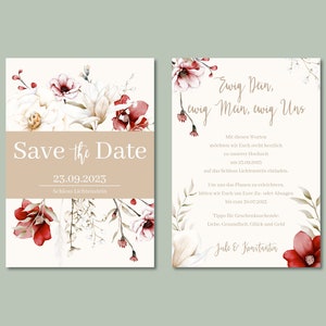 May include: Save the Date card with a floral design. The card is white with a brown banner that says "Save the Date" and the date "23.09.2023". The card also says "Schloss Lichtenstein". The second card is white with a floral design and the text "Ewig Dein, ewig Mein, ewig Uns". The card also includes the text "Mit diesen Worten m&ouml;chten wir Euch recht herzlich zu unserer Hochzeit am 23.09.2023 auf das Schloss Lichtenstein einladen. Um uns das Planen zu erleichtern, bitten wir Euch um Eure Zusage oder Absagen bis zum 30.07.2023. Tipps f&uuml;r Geschenksechende: Liebe, Gesundheit, Gl&uuml;ck und Geld. Jule & Konstantin."