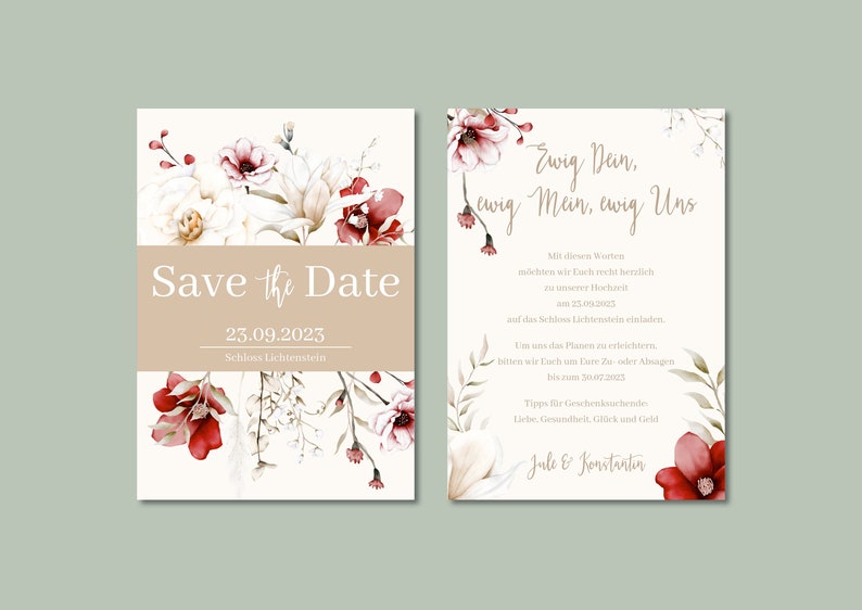 May include: Save the Date card with a floral design. The card is white with a brown banner that says "Save the Date" and the date "23.09.2023". The card also says "Schloss Lichtenstein". The second card is white with a floral design and the text "Ewig Dein, ewig Mein, ewig Uns". The card also includes the text "Mit diesen Worten m&ouml;chten wir Euch recht herzlich zu unserer Hochzeit am 23.09.2023 auf das Schloss Lichtenstein einladen. Um uns das Planen zu erleichtern, bitten wir Euch um Eure Zusage oder Absagen bis zum 30.07.2023. Tipps f&uuml;r Geschenksechende: Liebe, Gesundheit, Gl&uuml;ck und Geld. Jule & Konstantin."