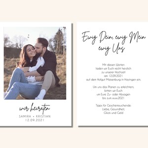May include: A wedding invitation with a photo of a couple embracing. The text reads "Ewig Dein, ewig Mein, ewig Uns" and "wir heiraten" with the couple's names and wedding date.
