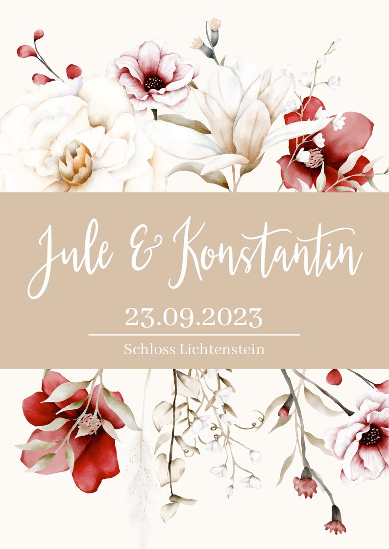 May include: A wedding invitation with a watercolor floral design in shades of white, red, and green. The text reads "Jule & Konstantin" and "23.09.2023 Schloss Lichtenstein".