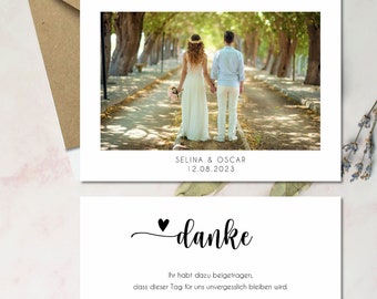 May include: A thank you card with a photo of a couple walking down a path lined with trees. The card says "Selina & Oscar 12.08.2023" and "danke". The text reads "Ihr habt dazu beigetragen, dass dieser Tag für uns unvergesslich bleiben wird. Für die Hilfe und Unterstützung, die zahlreichen Glückwünsche und Geschenke bedanken wir uns von ganzem Herzen. Selina & Oscar"