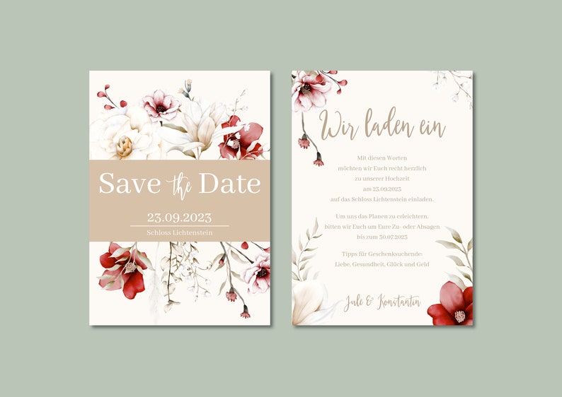 May include: Save the Date wedding invitation with floral design. The invitation features a watercolor illustration of white and red flowers with green leaves. The text "Save the Date" is written in a script font and the date "23.09.2023" is written below. The location "Schloss Lichtenstein" is written below the date.