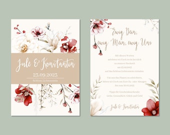 Florale Einladungskarte Hochzeit, Hochzeitseinladung floral mit Blüten, Blumige Einladung