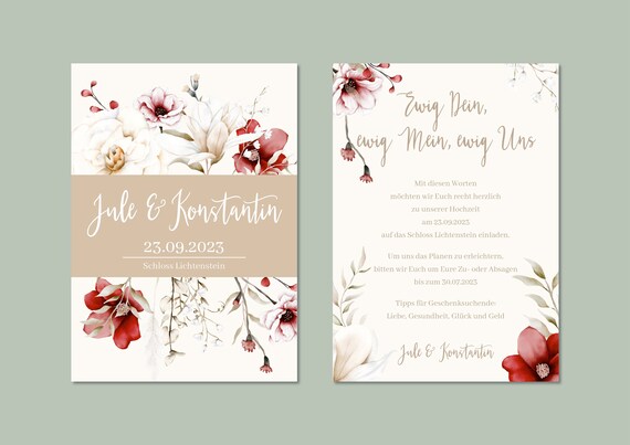 Florale Einladungskarte Hochzeit, Hochzeitseinladung floral mit Blüten, Blumige Einladung