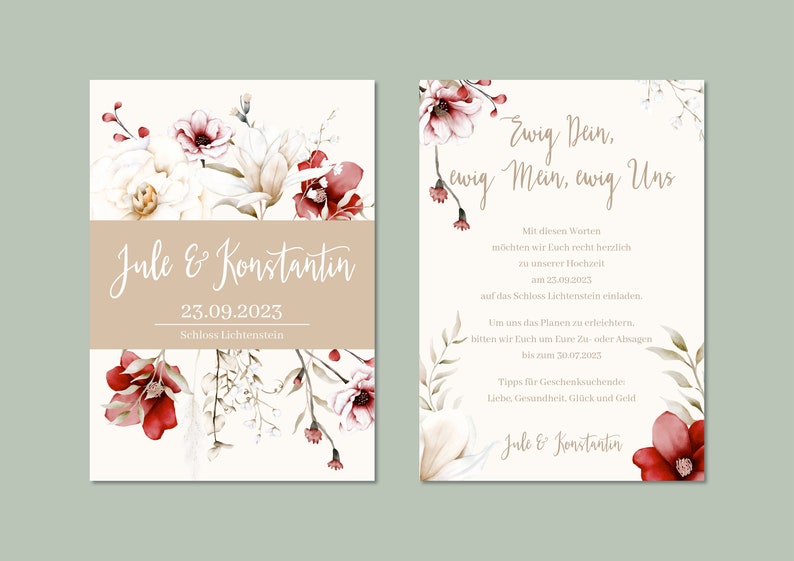May include: A wedding invitation with floral designs in shades of red, white, and green. The text reads "Ewig Dein, ewig Mein, ewig Uns" and "Jule & Konstantin" with the date "23.09.2023" and the location "Schloss Lichtenstein".