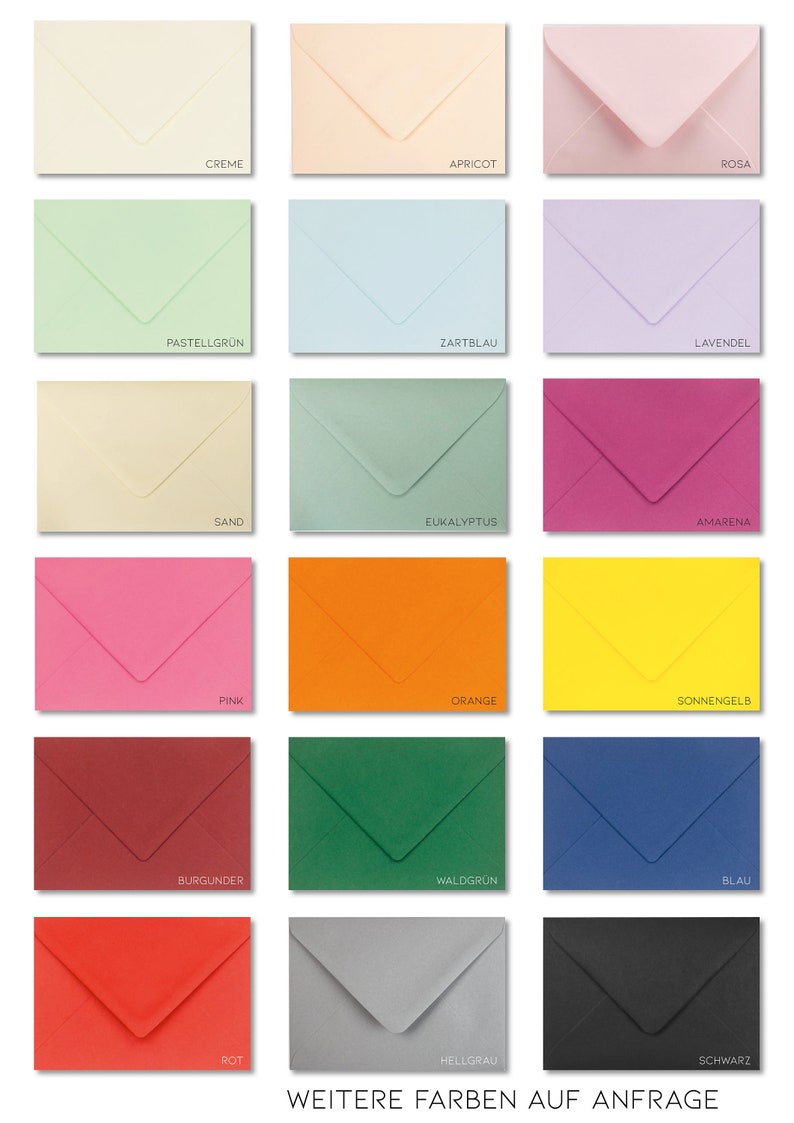 May include: A chart of 16 different colored envelopes, with the color name written below each envelope. The colors include cream, apricot, rosa, pastel green, light blue, lavender, sand, eucalyptus, amarena, pink, orange, yellow, burgundy, forest green, blue, red, light gray, and black. The text at the bottom of the chart reads "WEITERE FARBEN AUF ANFRAGE".