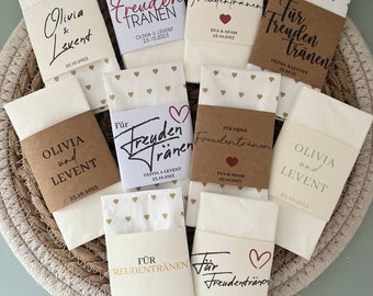 Taschentücher Banderolen, Freudentränen, Tempo der Liebe, Glückstempo – freudige Hochzeitsmomente