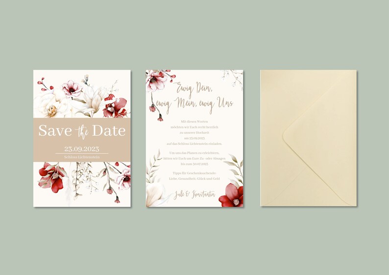 May include: Save the Date card with a floral design in shades of red and white. The text reads "Save the Date" and "23.09.2023". A second card with a floral design in shades of red and white. The text reads "Ewig Dein, ewig Mein, ewig Uns".