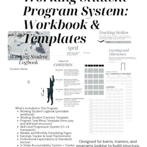 May include: A workbook and template system titled "Working Student Program System." The cover features the title in large, bold text, with the words "Workbook & Templates" below. The workbook includes a logbook, contract template, and scheduling pages.