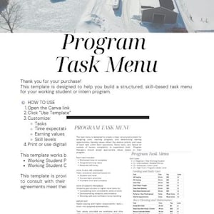 Op de afbeelding: Een wit document getiteld "Program Task Menu" met instructies en een takenlijst. Het document is ontworpen om te helpen bij het bouwen van een gestructureerd, op vaardigheden gebaseerd takenmenu voor werkende studenten of stagiairs. Boven in de afbeelding een besneeuwd landschap.