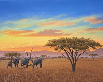 May include: An oil painting depicts a savanna scene at sunset. A herd of Cape buffalo stands in tall, dry grass under a sky of blue, orange, and pink hues. Trees dot the landscape, with a large tree in the foreground.