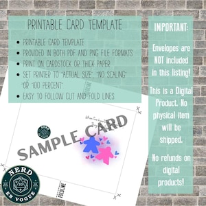 May include: Printable card template with a sample card design featuring two blue and pink game pieces with hearts. The text on the card reads "When two hearts play together, they play forever". The template includes instructions for printing and cutting the card.