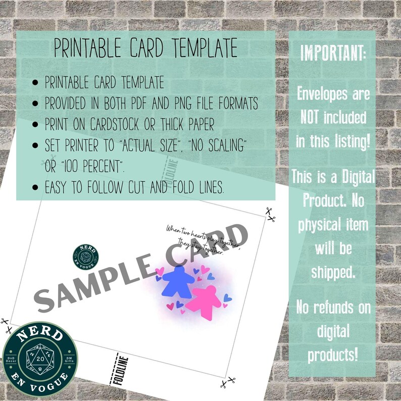 May include: Printable card template with a sample card design featuring two blue and pink game pieces with hearts. The text on the card reads "When two hearts play together, they play forever". The template includes instructions for printing and cutting the card.
