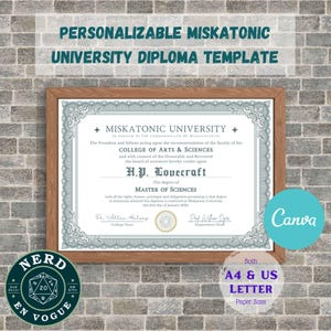 Diploma personalizado de la Universidad de Miskatonic, regalo personalizado de HP Lovecraft, plantilla de Canva editable, descarga digital para cumpleaños de fan de Cthulhu