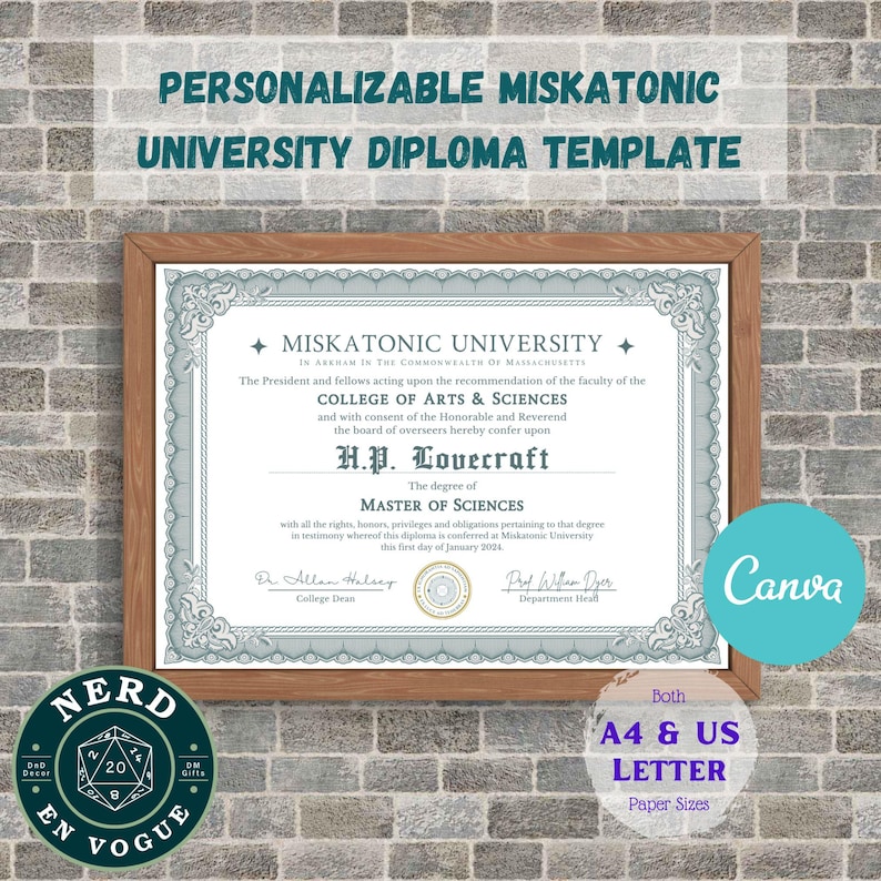 Personalized Miskatonic University Diploma Digital Template: Editable ...