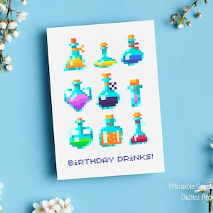 Printable DnD Birthday Card for Dungeons and Dragons Players Gift, Video Gamer Birthday Card, Digital Pixel Potion Birthday Drinks Card Gift
