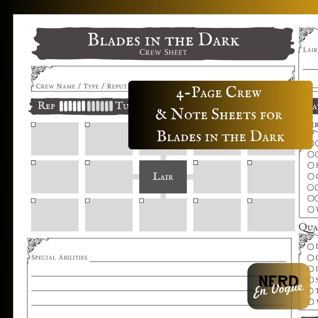 Blades in the Dark RPG Crew Sheet, Goodnotes Compatible PDF, Digital Printable Notes, Playbook