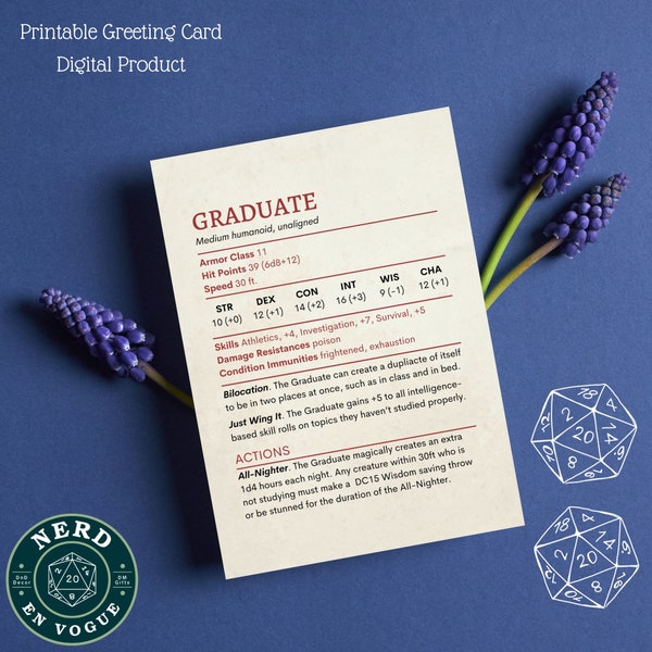 Grad Stat Block DnD Card for Graduate Congratulations, Dungeons and Dragons, Graduation Gift for DnD Players, D&D Greeting Card, DM Gifts