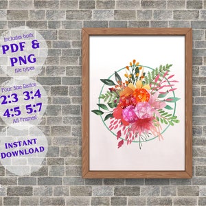 Può includere: Un'illustrazione ad acquerello di un bouquet di fiori con dadi al centro. I dadi sono rossi, arancioni e rosa. I fiori sono rosa, arancioni e gialli. Lo sfondo è bianco. L'immagine include il testo "Includes both: PDF & PNG file types" e "Four Size Ratios: 2:3 3:4 4:5 5:7 All Frames!" e "INSTANT DOWNLOAD".
