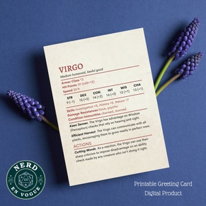 Tarjeta de cumpleaños de Virgo Stat Block DnD, tarjeta de felicitación astrológica para DM Gracias, regalo de jugador de DnD Dungeons & Dragons Signo del zodíaco, regalos de juego de rol del zodíaco