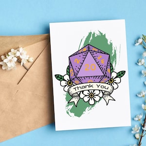 DnD Dankeskarte für Dungeon Master Geschenk, Dungeons und Dragons, DnD Grußkarten, druckbare leere Karte für D & D Spieler Geschenk, D20 Design