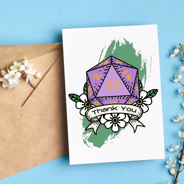 DnD Thank You Card for Dungeon Master Gift, Dungeons and Dragons, DnD Greeting Cards, Printable Blank Card for D&D Player Gift, D20 Design