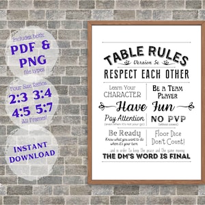 DnD Rules Poster for DM Gift, DnD Tavern Decor for Dungeons and Dragons Game Room Printable DnD Posters DnD Office Decor Dungeon Master Gift