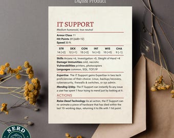 IT Support Stat Block Card: Printable Coworker Card for Dungeons & Dragons Players