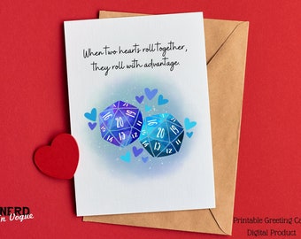 DnD Birthday Card of Blue D20 Dice for Engagement Anniversary Valentines Day or DnD Wedding Card, Gay Queer Love MLM Pride DnD Gifts Couple