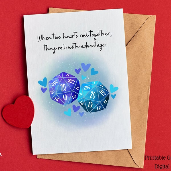 DnD Birthday Card of Blue D20 Dice for Engagement Anniversary Valentines Day or DnD Wedding Card, Gay Queer Love MLM Pride DnD Gifts Couple