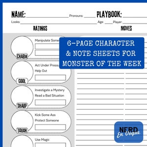 Hoja de personaje del Monstruo de la semana para el juego de rol MOTW Hoja de cazador, PDF compatible con Goodnotes, notas de diario imprimibles digitales, hoja de libro de jugadas