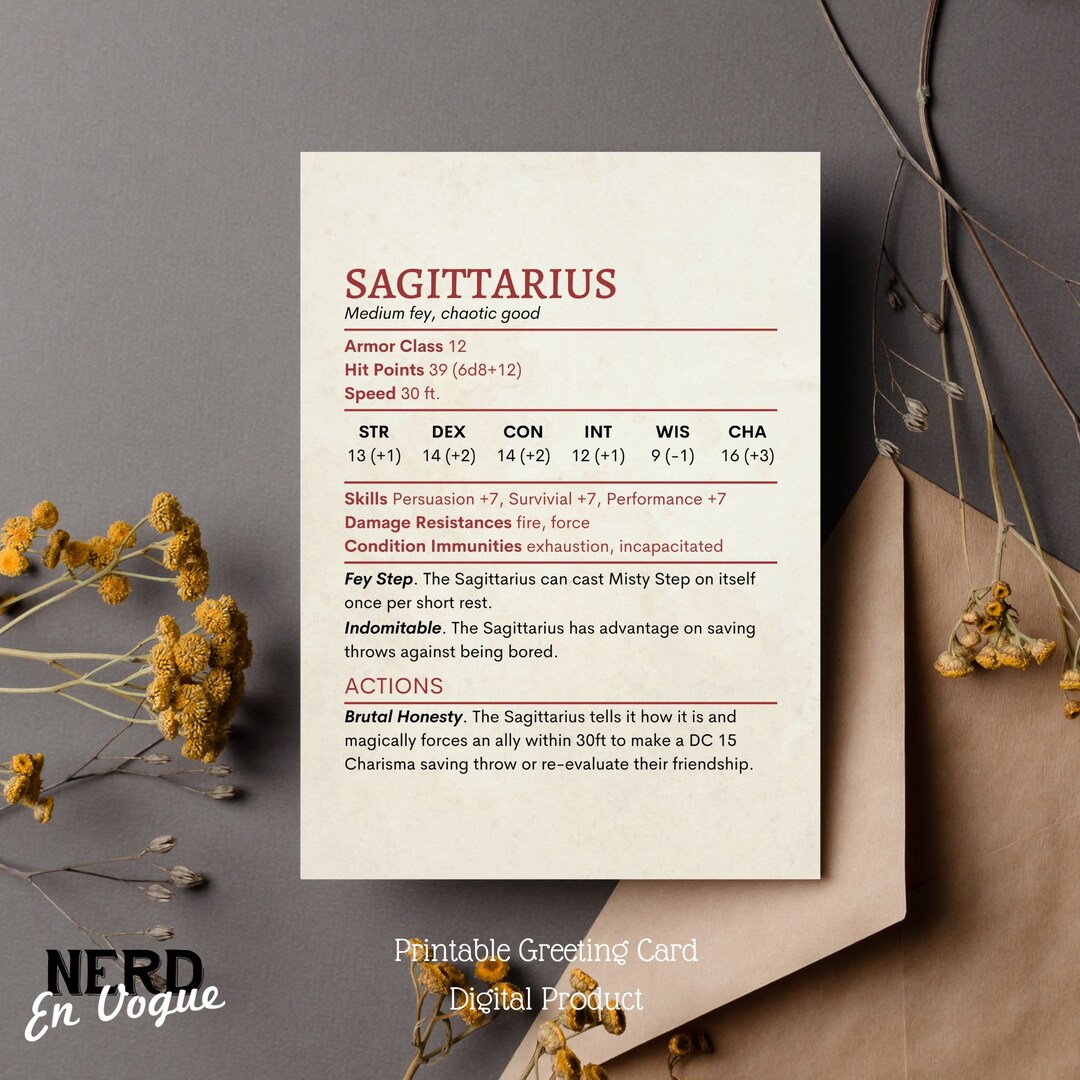 Dnd Stat Block Card for Sagittarius Birthday: Printable Astrology ...