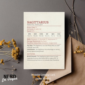 Boogschutter Stat Block DnD-verjaardagskaart, astrologie-wenskaart voor Dungeon Master bedankt, DnD-speler cadeau Dungeons & Dragons-horoscoop