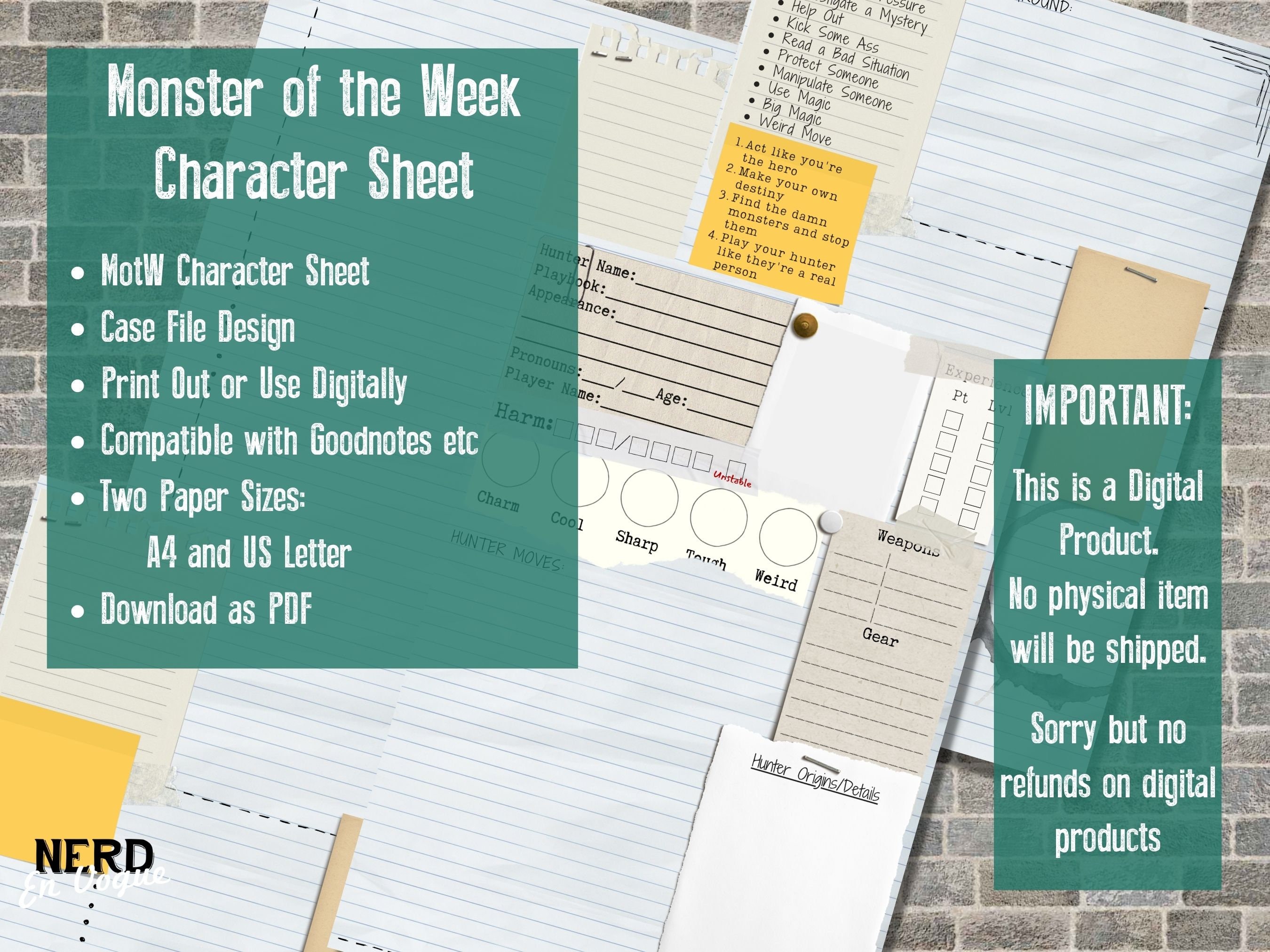 Monster of the Week Character Sheet for the RPG MOTW Hunter - Etsy UK