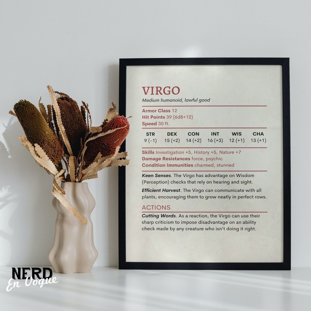 Dnd Stat Block for Virgo Birthday Gift, Dnd Office Decor, Dnd Tavern